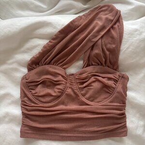 Mauve Dusty Pink One Shoulder Mesh Ruched Crop Top